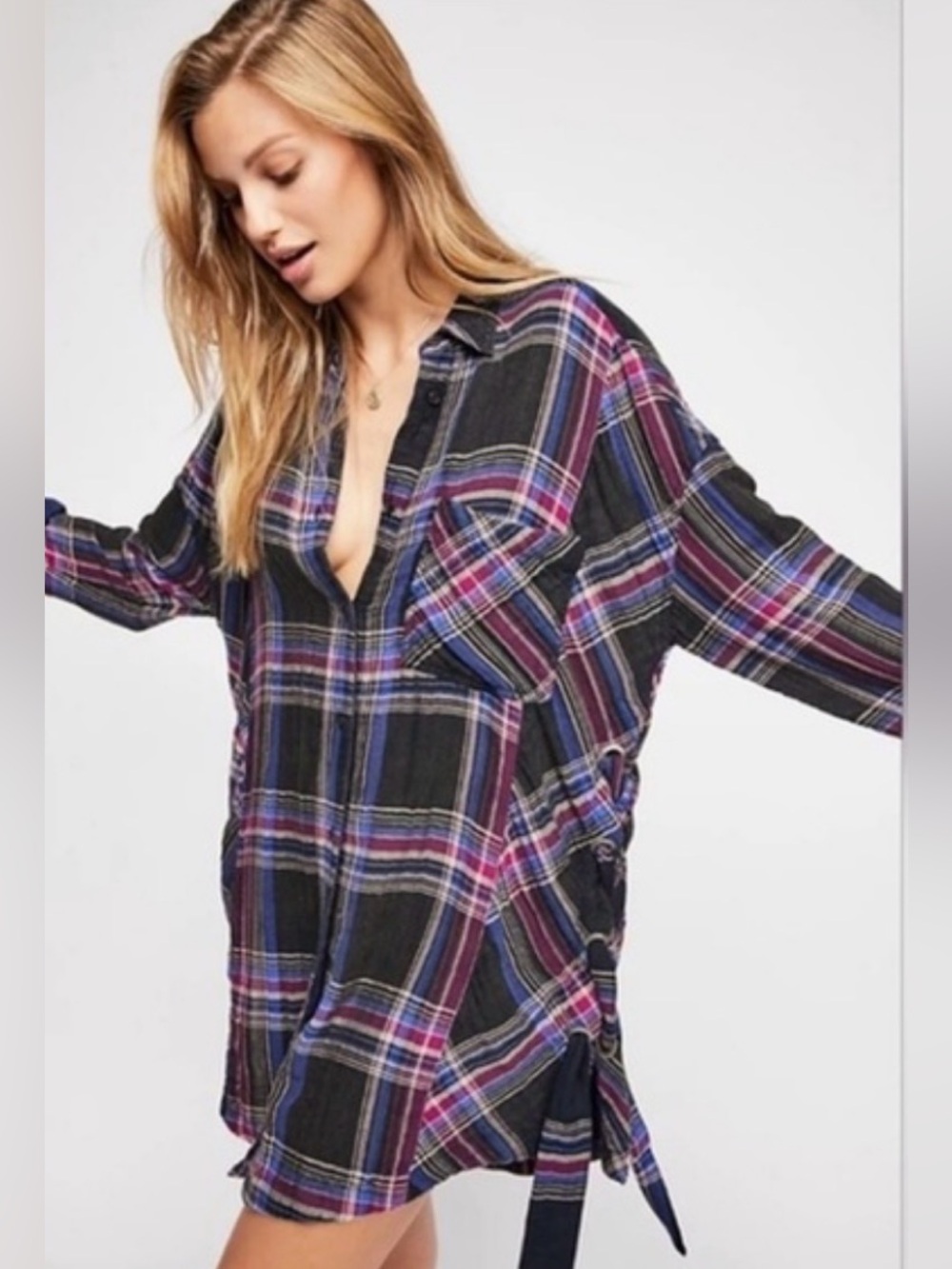 Free People Nordic Day Plaid Long Sleeve oversized flannel in a purple and blue